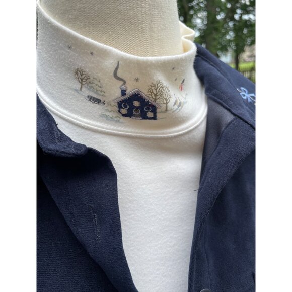 Christmas-Themed Womens Navy Button-Up Jacket & White Turtleneck Set With Winter - Picture 2 of 15